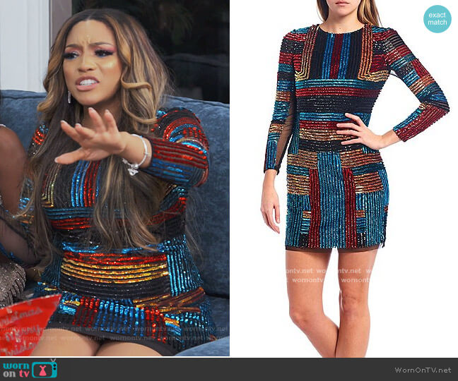 Aidan Mattox Long Sleeve Beaded Striped Mesh Mini Sheath Dress worn by Drew Sidora on The Real Housewives of Atlanta