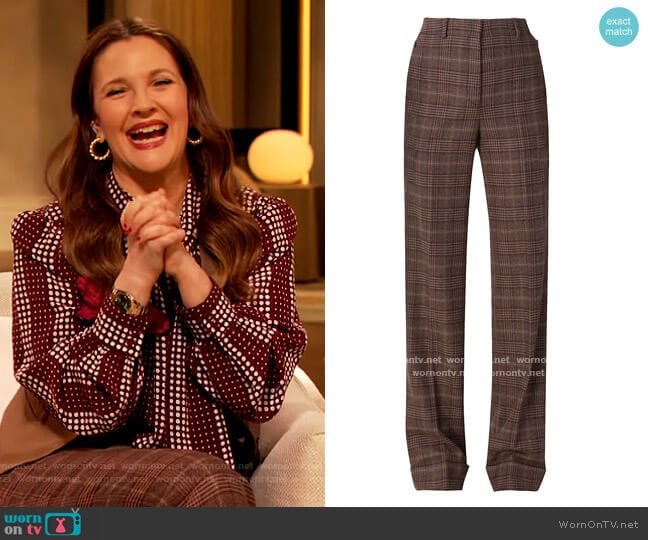 Akris Flore High-Waisted Cashmere Check Pants worn by Drew Barrymore on The Drew Barrymore Show