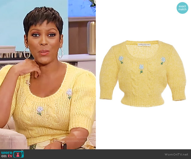 Alessandra Rich Floral-intarsia knitted jumper worn by Tamron Hall on Tamron Hall Show