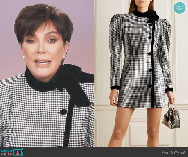 Alessandra Rich Velvet-trimmed checked wool-blend mini dress worn by Kris Jenner on Keeping Up with the Kardashians