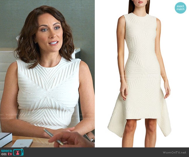 Alexander McQueen Sleeveless Asymmetric Matelasse Sheath Dress worn by Quinn (Laura Benanti) on Younger
