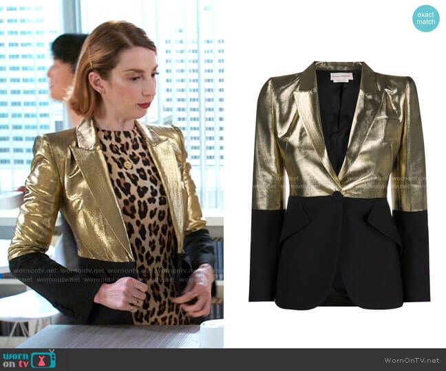 Alexander Mcqueen Block Tone Gold and Black Blazer Jacket worn by Lauren (Molly Bernard) on Younger
