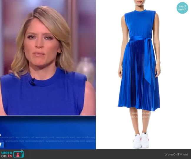 Alice + Olivia Yuki Strong Shoulder Pleated Midi Dress worn by Sara Haines on The View