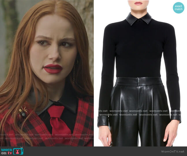 Alice + Olivia Dory Faux Leather Detail Sweater worn by Cheryl Blossom (Madelaine Petsch) on Riverdale