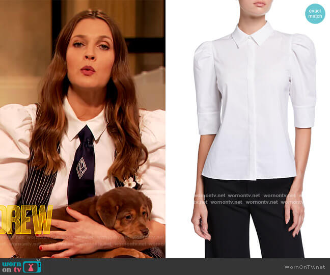 Alice + Olivia Willa Scrunched Puff-Sleeve Placket Top worn by Drew Barrymore on The Drew Barrymore Show