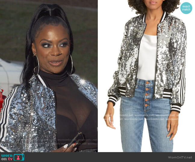 Alice + Olivia Lonnie Sequin Cropped Bomber Jacket worn by Kandi Burruss on The Real Housewives of Atlanta