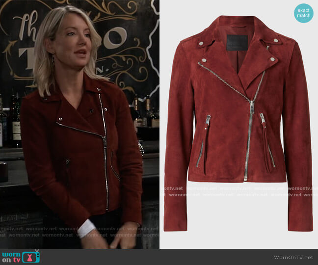 All Saints X Dalby Suede Moto Jacket worn by Nina Reeves (Cynthia Watros) on General Hospital
