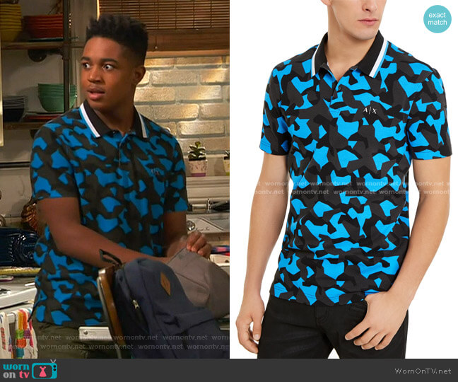 A|X Armani Exchange Hyperbright Regular-Fit Camouflage Polo Shirt worn by Booker Baxter (Issac Ryan Brown) on Ravens Home