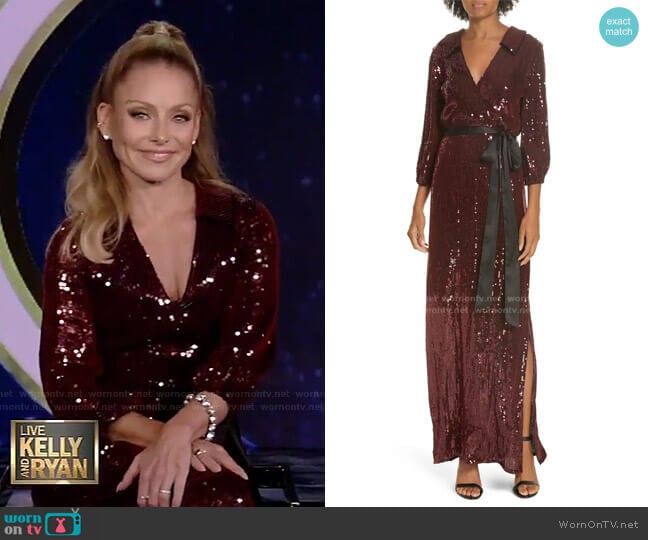 Alice + Olivia Bayley Sequin Maxi Shirtdress worn by Kelly Ripa on Live with Kelly and Mark