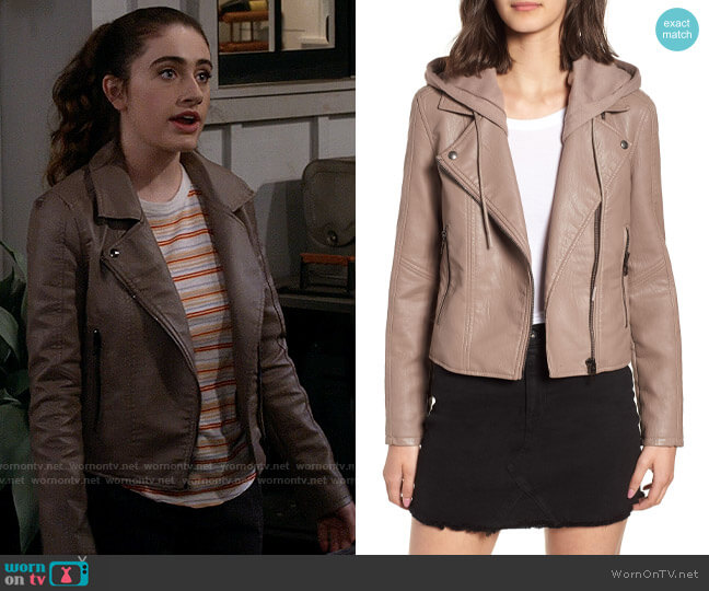 Blank NYC Meant to Be Moto Jacket with Removable Hood in Mushroom worn by Jackie Raines (Rachel Sennott) on Call Your Mother