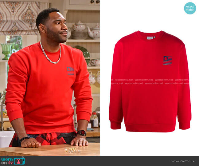Carhartt WIP Crew Neck Logo Print Jumper worn by Moz McKellan (Anthony Alabi) on Family Reunion