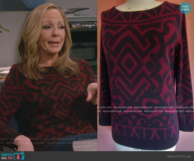 Charter Club Burgundy Geometric Sweater worn by Bonnie Plunkett (Allison Janney) on Mom
