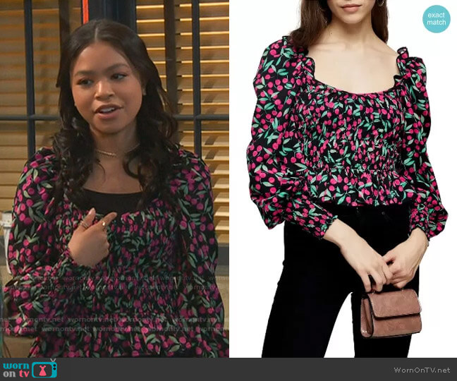 Topshop Cherry Smocked Prairie Blouse worn by Nia Baxter (Navia Robinson) on Ravens Home