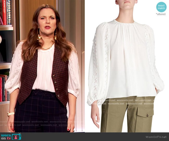 Chloe Silk Georgette Lace-Sleeve Top worn by Drew Barrymore on The Drew Barrymore Show