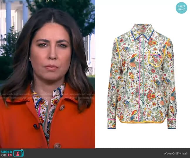 Tory Burch Contrast Binding Long-Sleeve Printed Button-Down Shirt worn by Cecilia Vega on Good Morning America