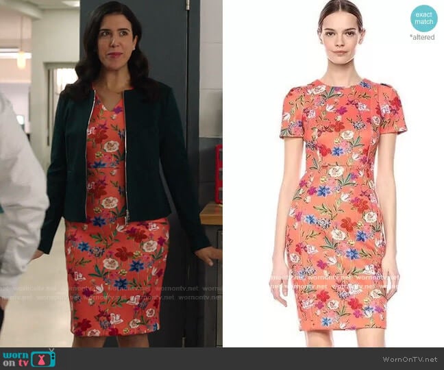 Calvin Klein Coral Floral Print Sheath Dress worn by Shannon Ross (Nicole Power) on Kims Convenience