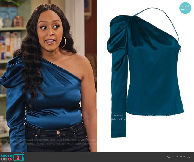 Cushnie Draped Silk One-Shoulder Top worn by Cocoa McKellan (Tia Mowry-Hardrict) on Family Reunion