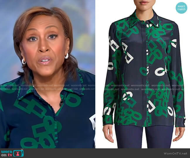 Lafayette 148 New York Duvall Link-Print Silk Blouse worn by Robin Roberts on Good Morning America