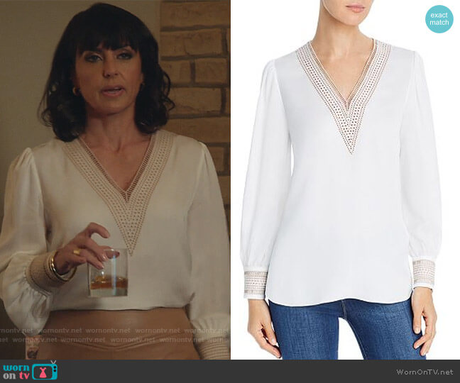 Elie Tahari Aura Eyelet Detail Silk Top worn by Kathleen Gale (Constance Zimmer) on Good Trouble