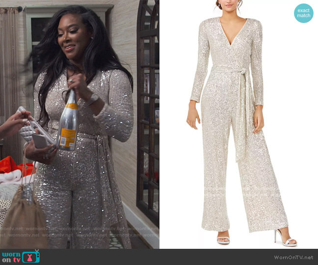 Eliza J Silver Long-Sleeve Jumpsuit worn by Kenya Moore on The Real Housewives of Atlanta