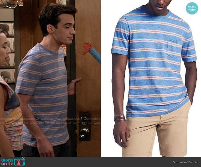 Faherty Sunwash Stripe T-Shirt in Coastal Coral Stripe worn by Freddie Raine (Joey Bragg) on Call Your Mother