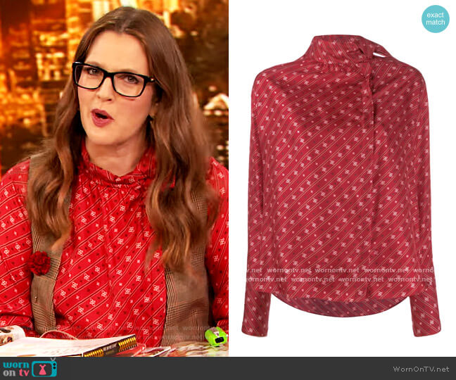 Fendi Karligraphy motif foulard collar blouse worn by Drew Barrymore on The Drew Barrymore Show