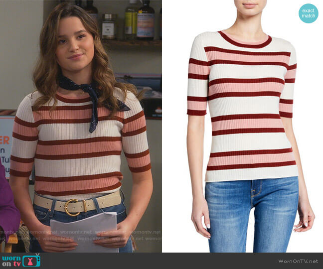 Frame Panel Stripe Ribbed Short-Sleeve Sweater worn by Lex (Jules LeBlanc) on Side Hustle
