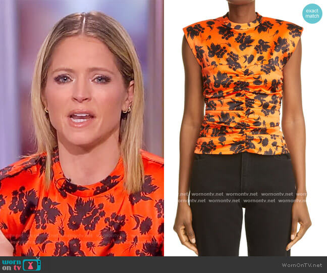 Ganni Floral stretch-silk satin top worn by Sara Haines on The View