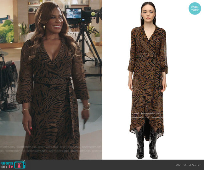 Ganni Printed Georgette Wrap Dress worn by Mika (Kimrie Lewis) on Kenan