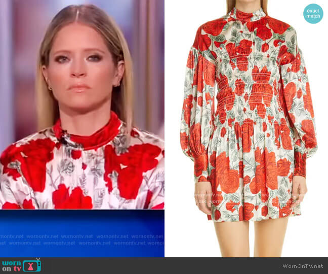 Ganni Floral Long Sleeve Stretch Silk Satin Dress worn by Sara Haines on The View