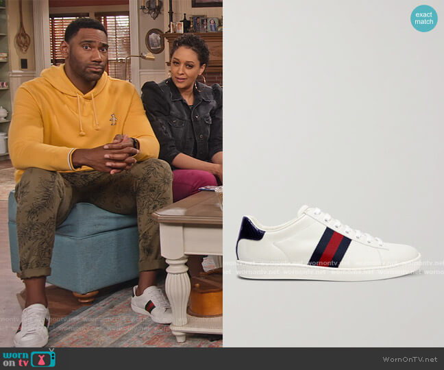 Gucci Ace watersnake and canvas-trimmed leather sneakers worn by Moz McKellan (Anthony Alabi) on Family Reunion