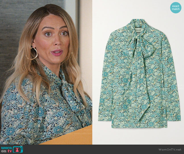 Gucci Liberty floral print blouse worn by Kelsey Peters (Hilary Duff) on Younger