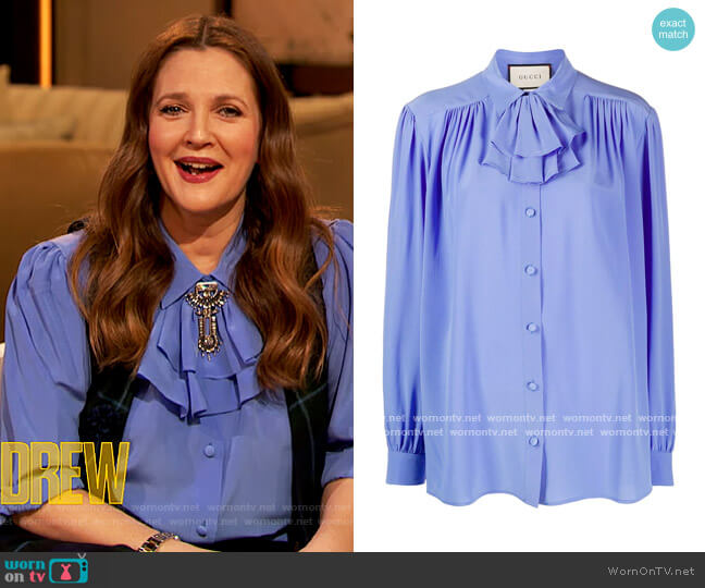 Gucci Detachable-ruffle silk-crepe blouse worn by Drew Barrymore on The Drew Barrymore Show