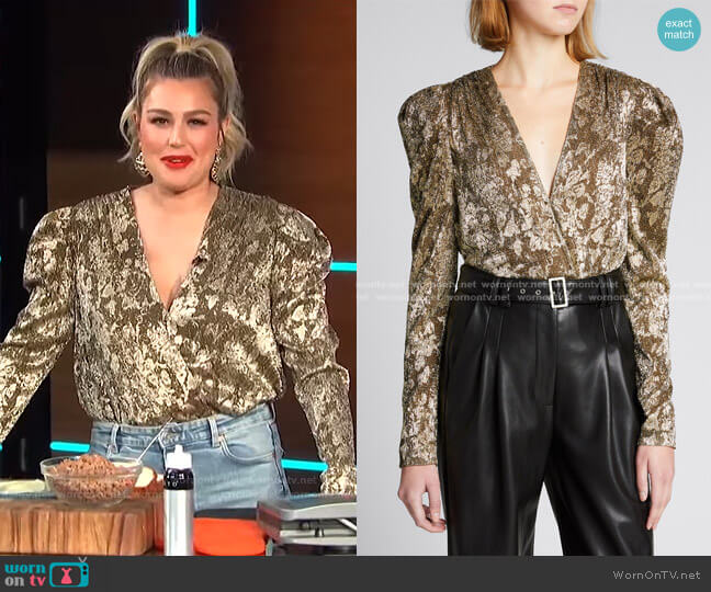 Jonathan Simkhai Shaina Metallic Plisse Wrap Bodysuit worn by Carissa Loethen Culiner on E! News