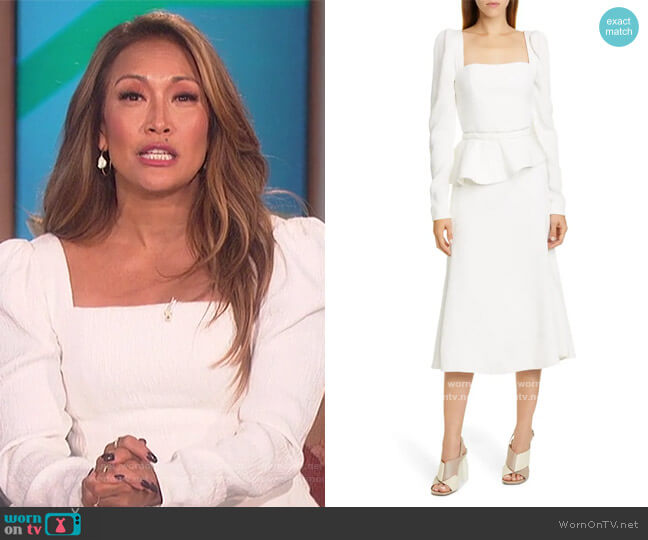 Johanna Ortiz Crinkle Long Sleeve Midi Dress with Removable Peplum worn by Carrie Inaba on The Talk