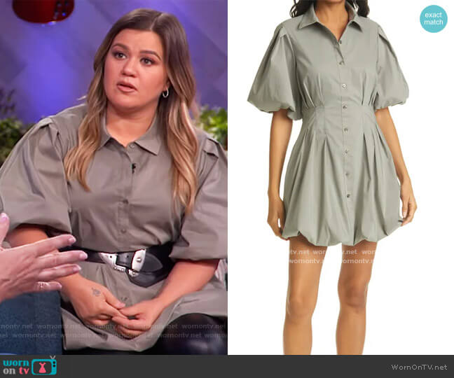 Jonathan Simkhai Cleo Balloon Skirt Poplin Shirtdress worn by Kelly Clarkson on The Kelly Clarkson Show