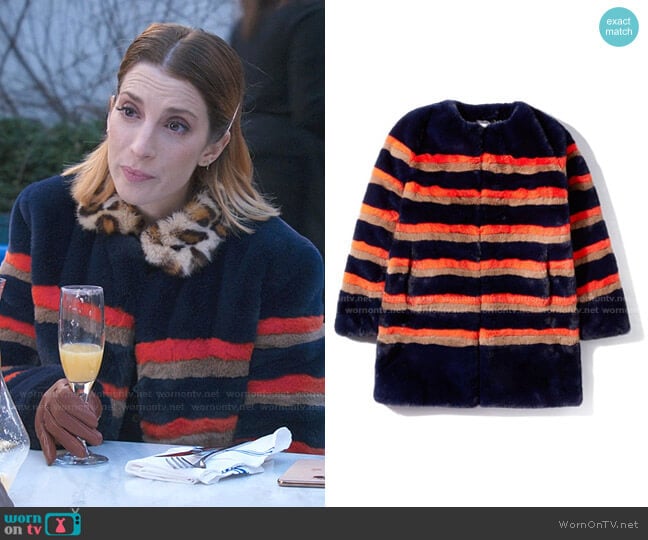 Kule Blythe Striped Faux Fur Coat worn by Lauren (Molly Bernard) on Younger