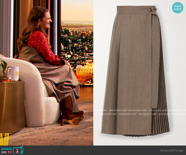 LVIR Pleated wrap wool midi skirt worn by Drew Barrymore on The Drew Barrymore Show