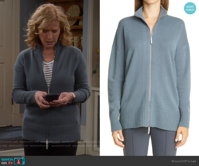 Lafayette 148 NY Cashmere Knit Jacket in Oceana worn by Vanessa Baxter (Nancy Travis) on Last Man Standing