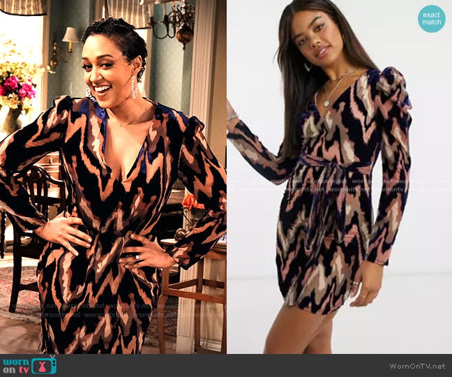 Little Mistress Wrap Mini Velvet Dress in Zig Zag Velvet worn by Cocoa McKellan (Tia Mowry-Hardrict) on Family Reunion