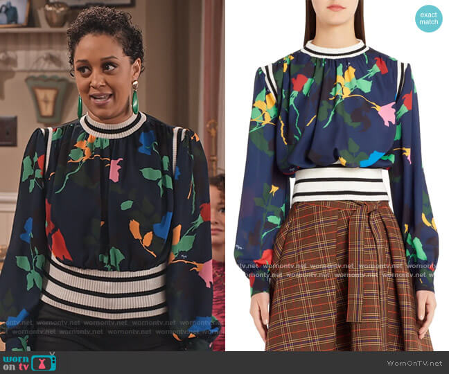 MSGM Rib Trim Floral Print Blouse worn by Cocoa McKellan (Tia Mowry-Hardrict) on Family Reunion