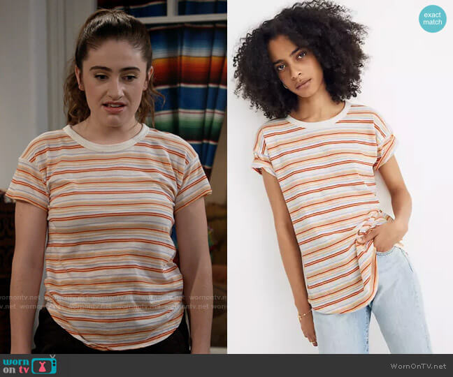 Madewell Whisper Cotton Rib-Crewneck Tee in Readville Stripe worn by Jackie Raines (Rachel Sennott) on Call Your Mother