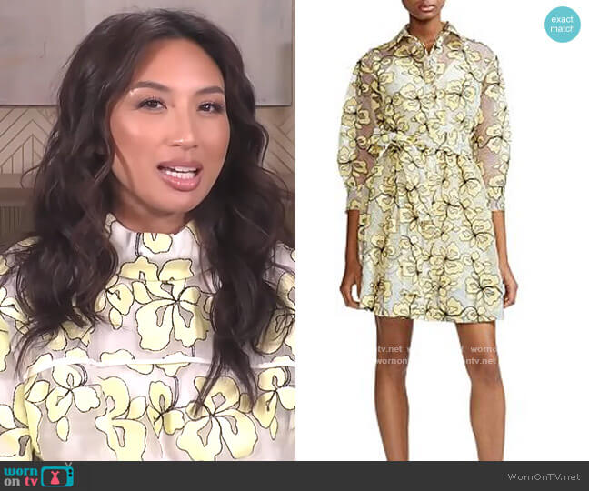 Maje Reality Floral-Embroidered Organza Shirt Dress worn by Jeannie Mai on The Real