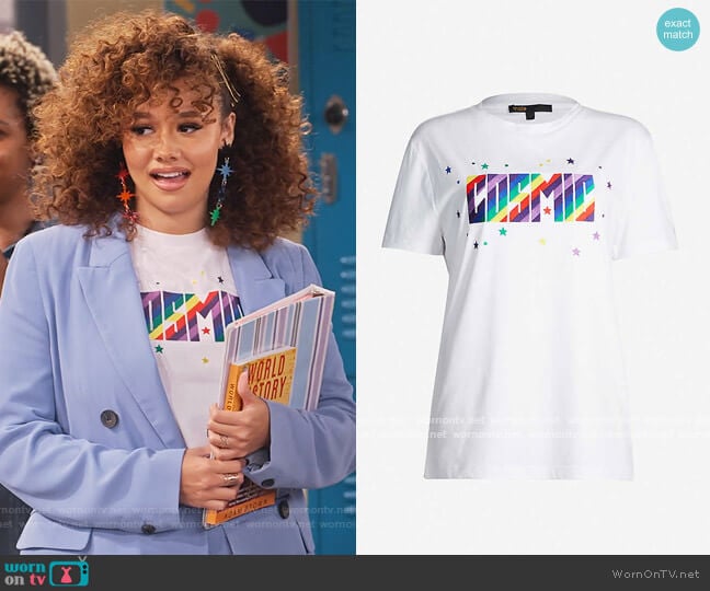 Maje Terence graphic-embroidered cotton-jersey T-shirt worn by Jade (Talia Jackson) on Family Reunion