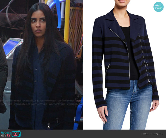 Majestic Filatures Striped Long-Sleeve Moto Blazer worn by Saanvi (Parveen Kaur) on Manifest