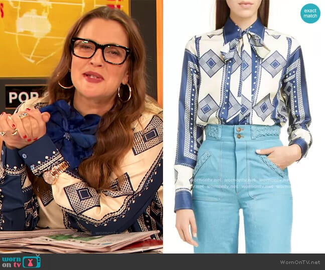 Runway Marc Jacobs Geometric Print Tie Neck Silk Blouse worn by Drew Barrymore on The Drew Barrymore Show