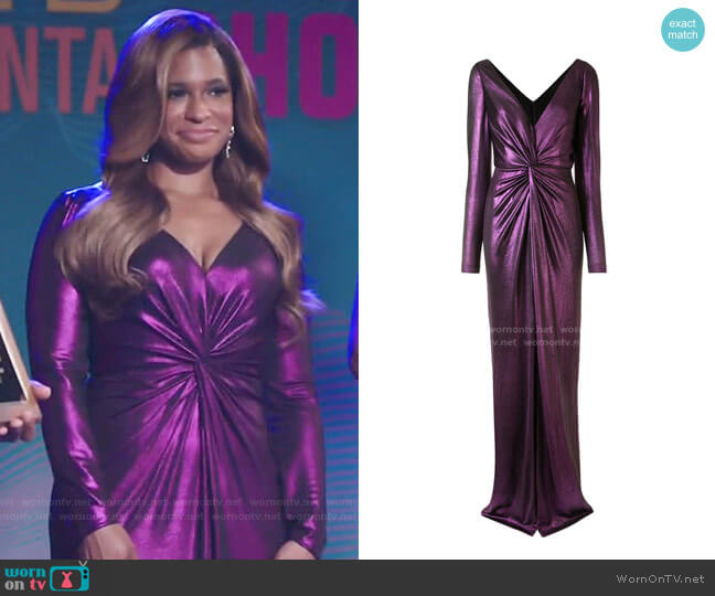 Marchesa Notte Metallic Ruched V-neck Dress worn by Mika (Kimrie Lewis) on Kenan