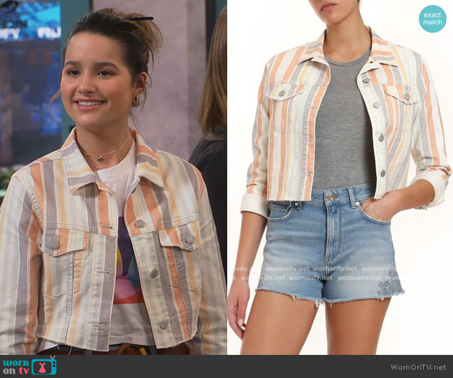 Mavi Jeans Sienna Stripe Crop Raw Hem Denim Jacket worn by Lex (Jules LeBlanc) on Side Hustle