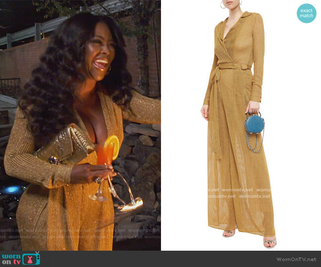 Missoni Wrap-effect metallic crochet-knit wide-leg jumpsuit worn by Kenya Moore on The Real Housewives of Atlanta
