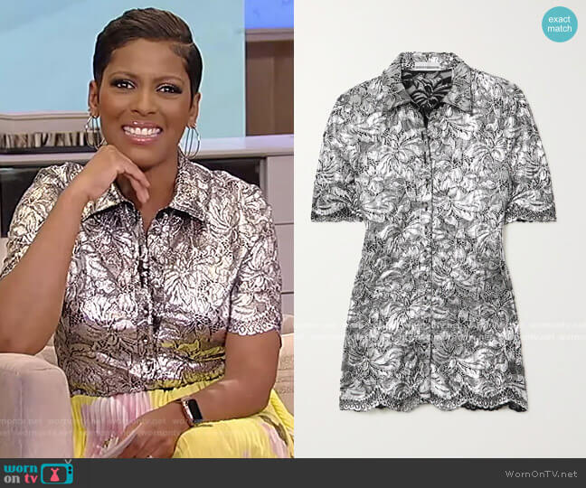 Paco Rabanne Metallic coated corded lace blouse worn by Tamron Hall on Tamron Hall Show